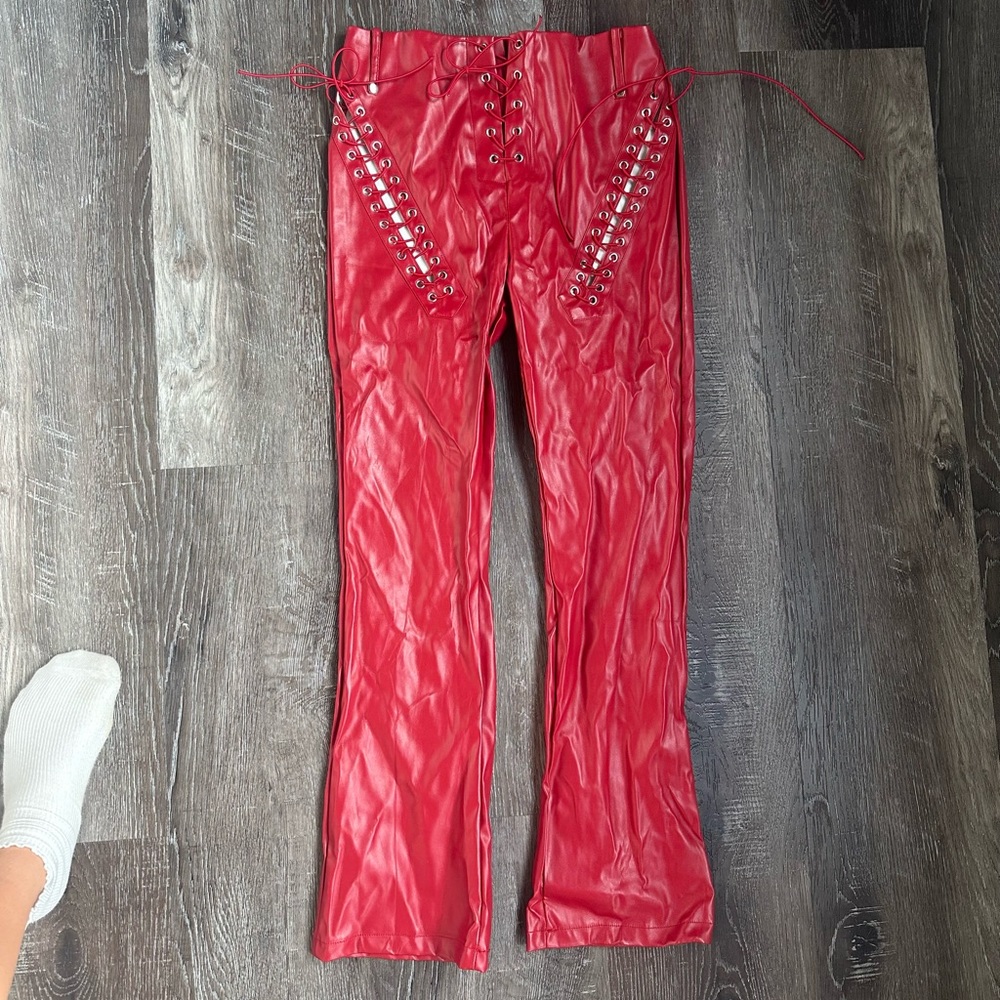 red tie front pants